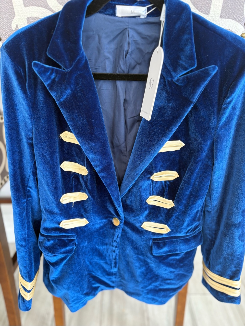Unbranded Velvet Military-Inspired Blue Jacket with Gold Trim